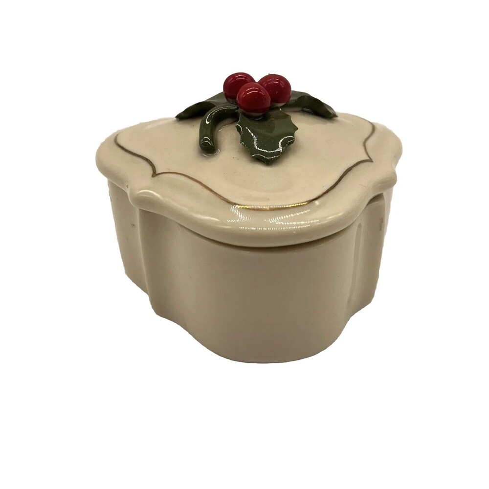 Vtg Small Porcelain Christmas Trinket Box Holly Berries Holiday Gift Box
